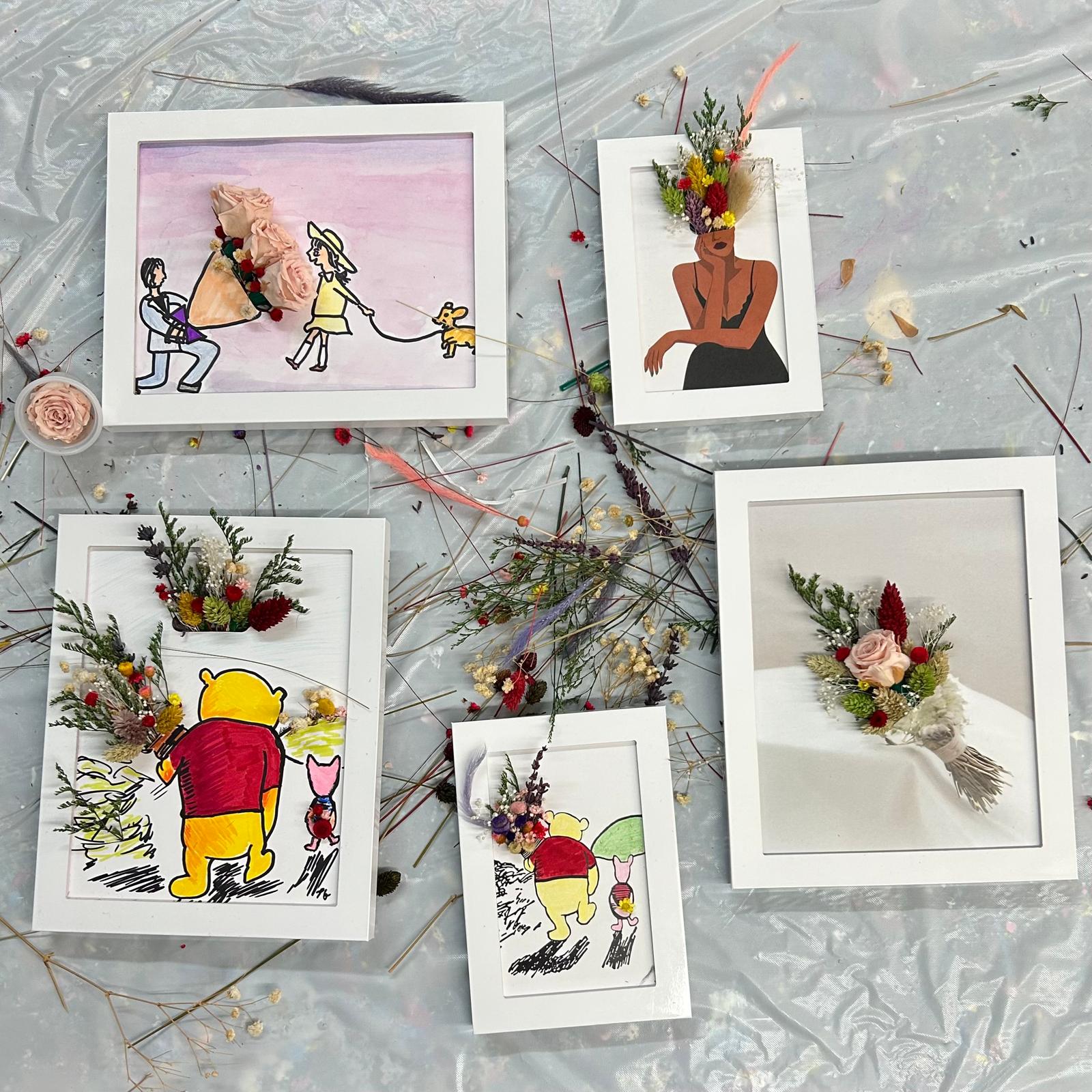 Five finished BloomFrames with different custom designs