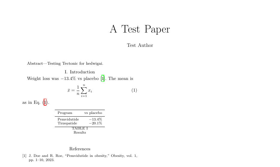 The top of an IEEE conference paper compiled by render_document: title, author, abstract, a numbered equation, a booktabs table and a formatted reference.